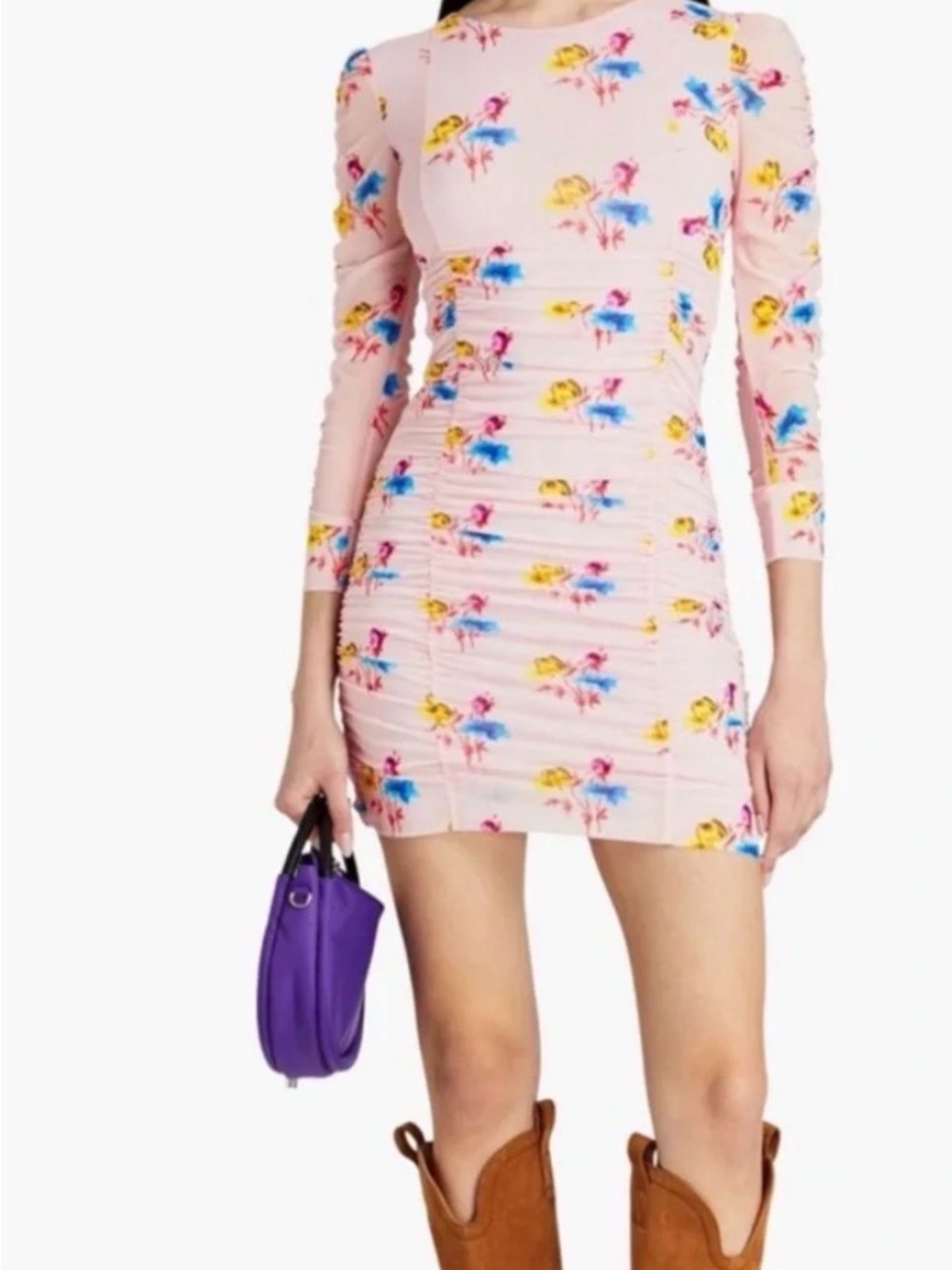 Ganni Floral Ruched Long-Sleeve Mini Dress